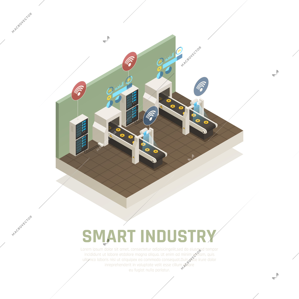 Smart indusrty concept with modern technology symbols isometric vector illustration