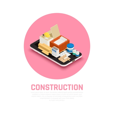 Construction industry concept with building and repairs equipment isometric vector illustration