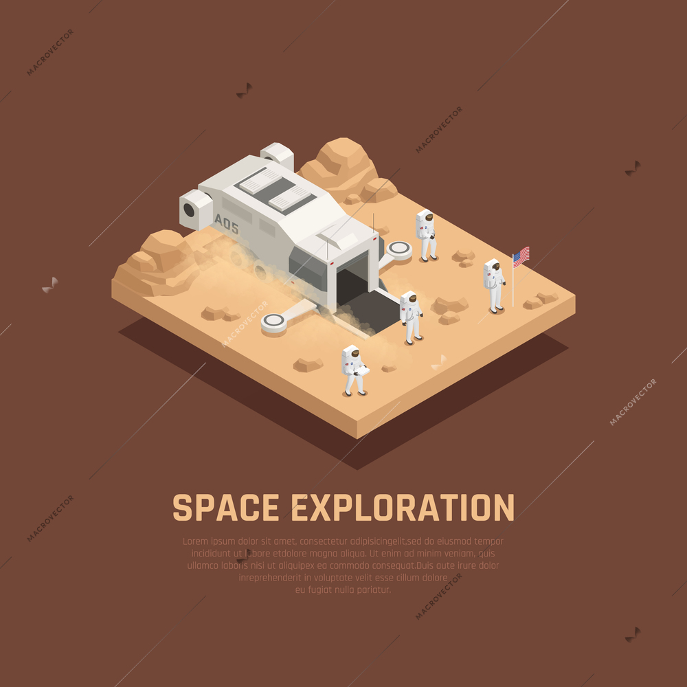 Space exploration composition with outer space and astronauts symbols isometric vector illustration