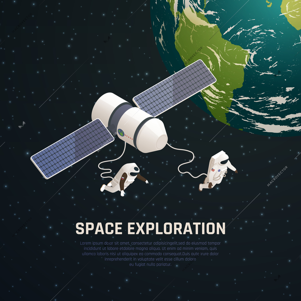 Space exploration background with outer space research symbols isometric vector illustration