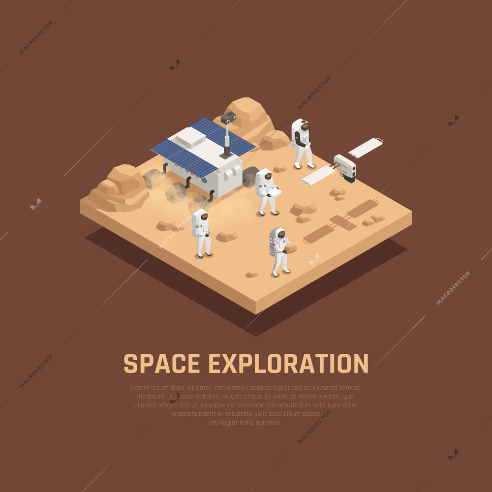 Space exploration concept with planet sufrace research symbols isometric vector illustration