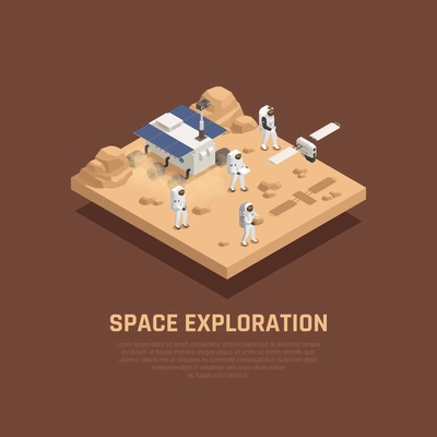 Space exploration concept with planet sufrace research symbols isometric vector illustration