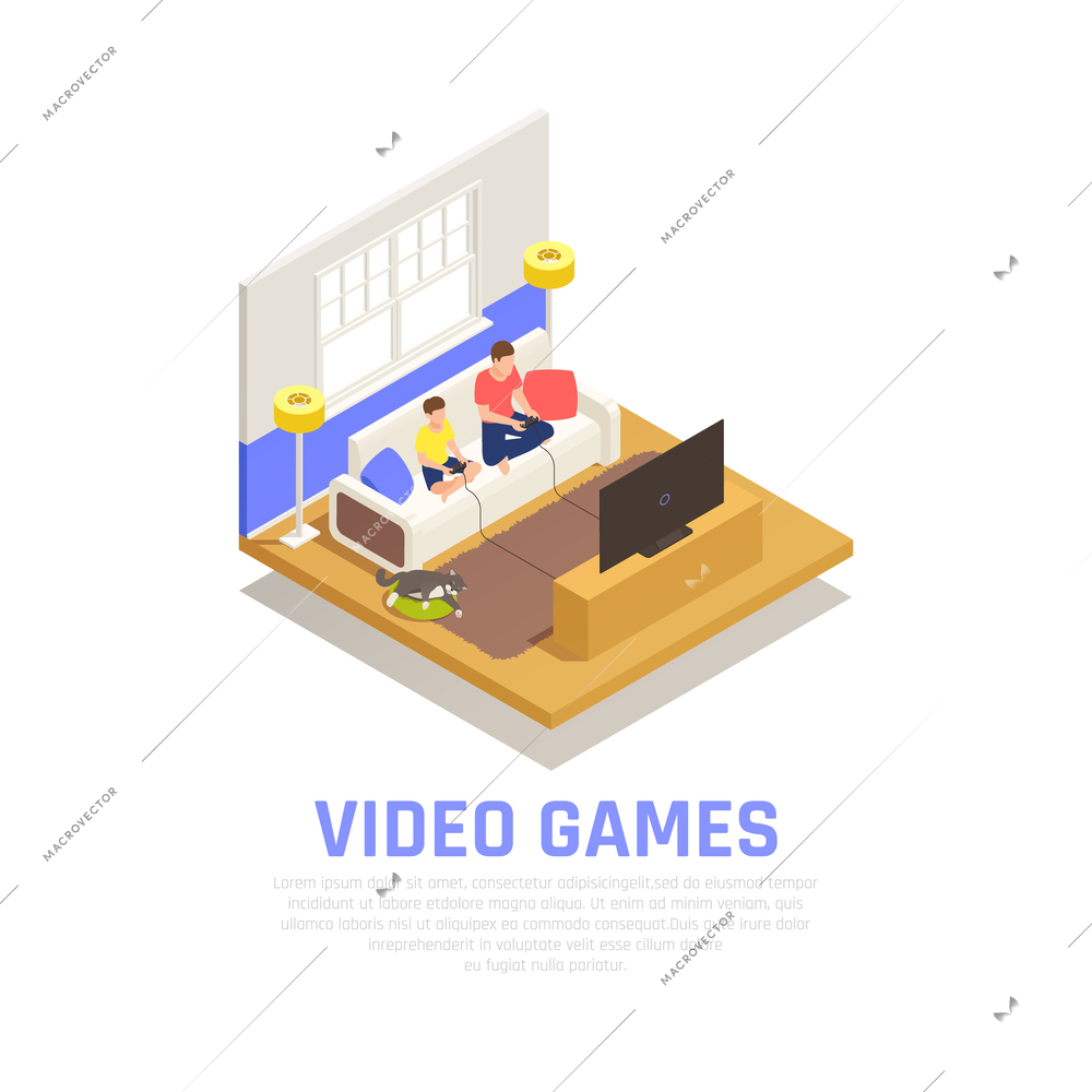 Family playing composition with video games symbols isometric vector illustration