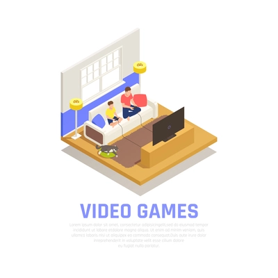 Family playing composition with video games symbols isometric vector illustration