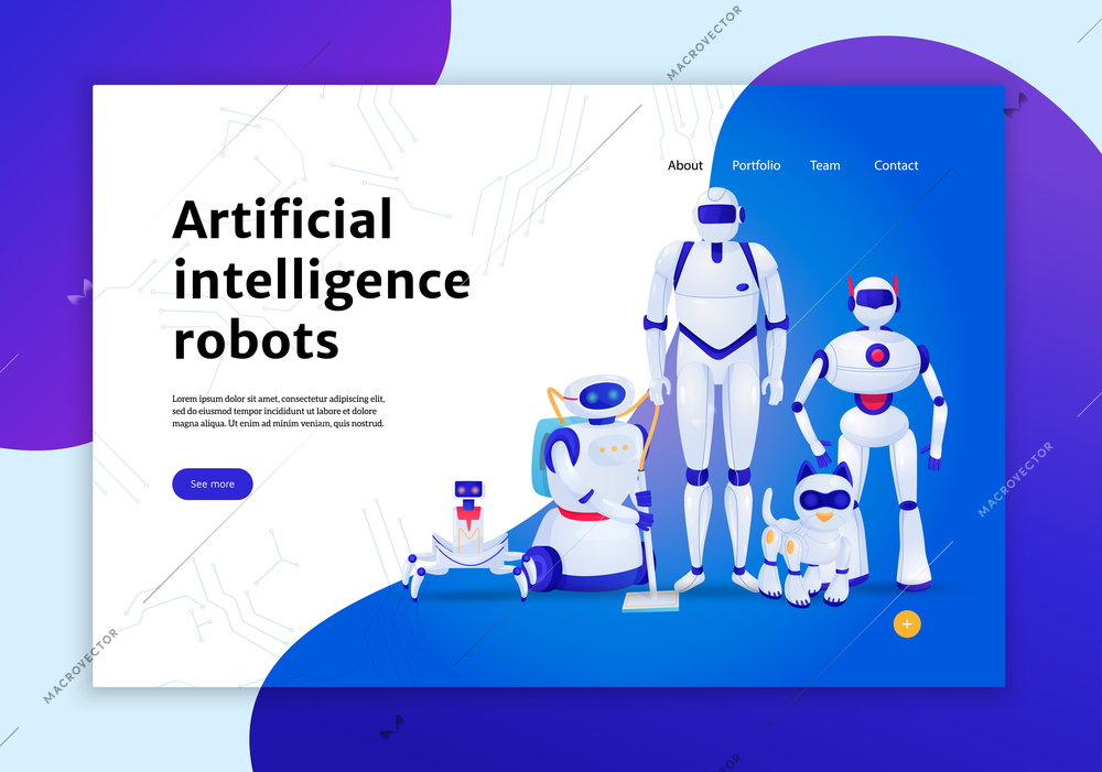 Artificial intelligence robots concept of web banner on blue white background vector illustration