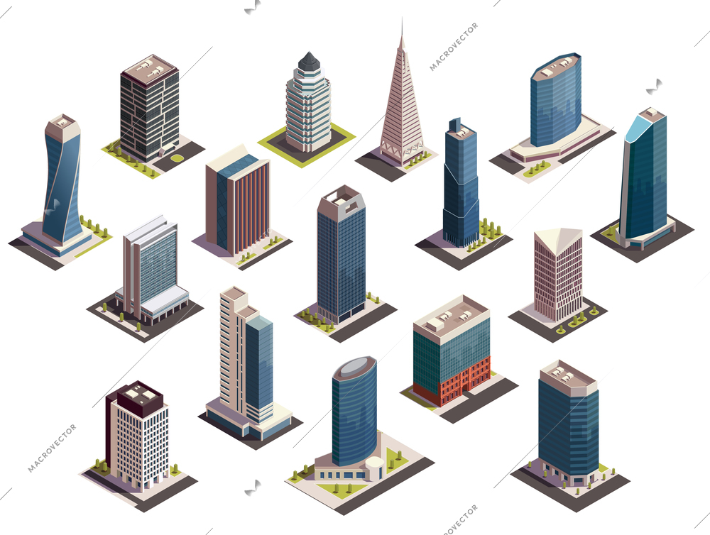City skyscrapers isometric set of isolated images with outdoor looks of modern buildings on blank background vector illustration