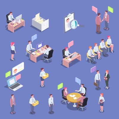 Recruitment isometric people collection of isolated human characters of job applicants and interviewers with thought bubbles vector illustration