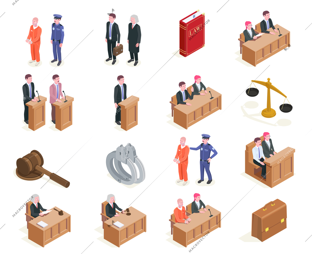 Law justice isometric icons collection of sixteen isolated images with human characters during sitting of court vector illustration