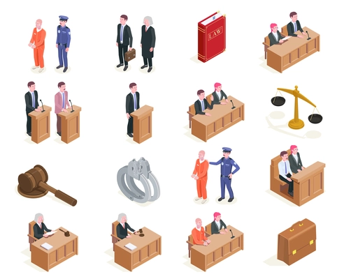 Law justice isometric icons collection of sixteen isolated images with human characters during sitting of court vector illustration