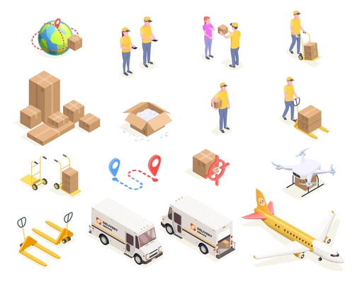 Delivery logistics shipment isometric icons set with isolated images of cardboard boxes and people in uniform vector illustration