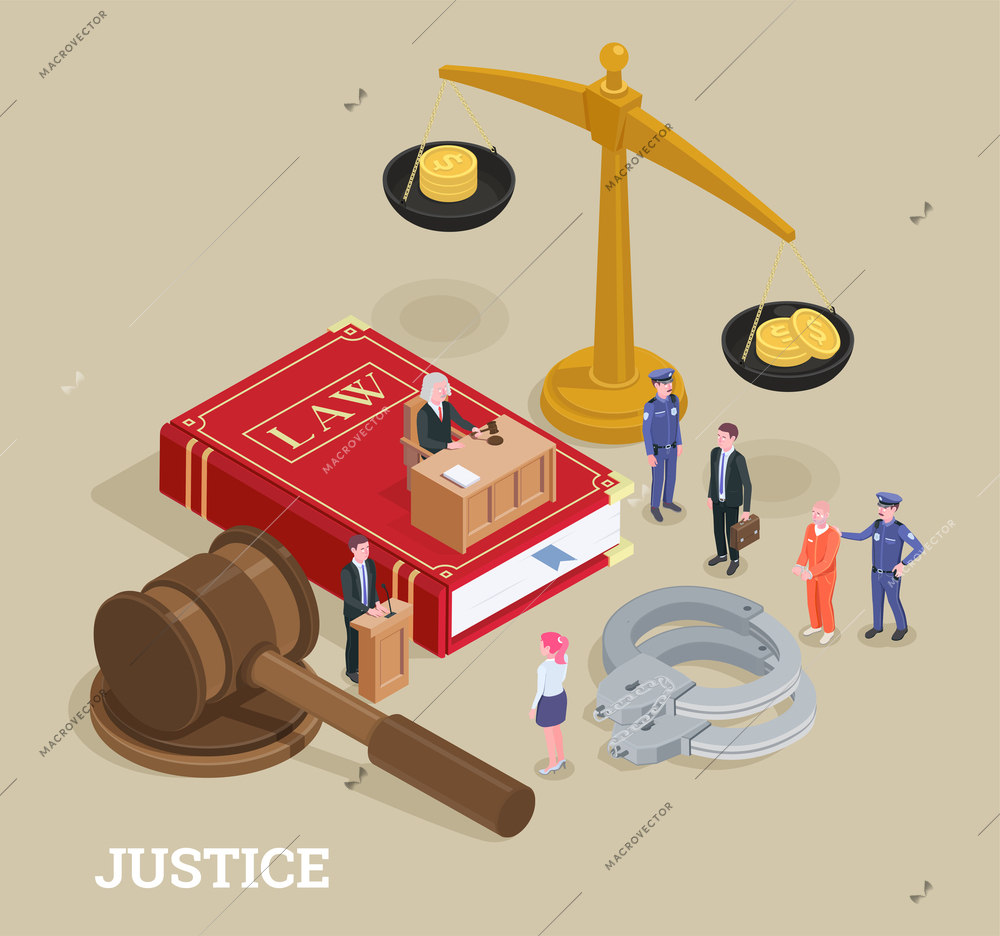 Law justice isometric conceptual composition with small people characters and huge icons process of law symbols vector illustration