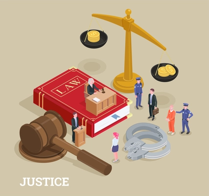 Law justice isometric conceptual composition with small people characters and huge icons process of law symbols vector illustration
