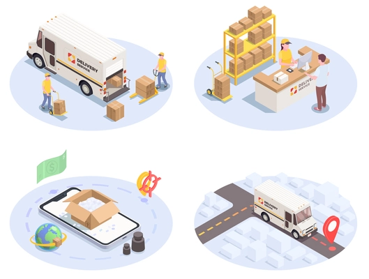 Delivery logistics shipment set of four isometric images with colourful icons pictograms human characters and cars vector illustration