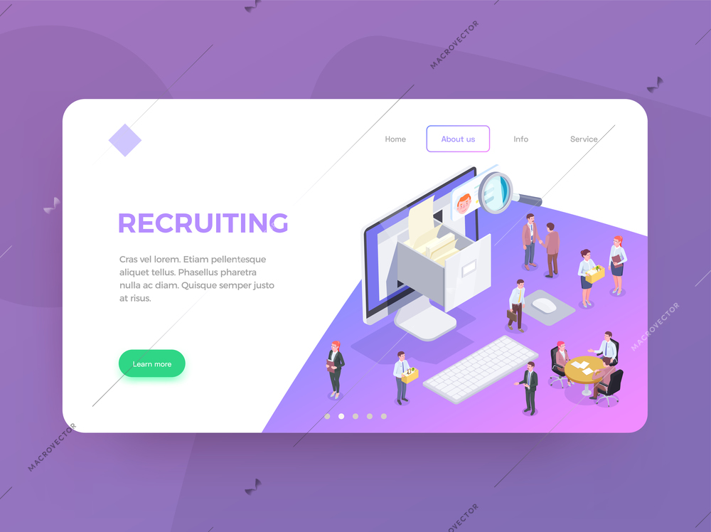 Recruitment isometric web landing page design background with conceptual images editable text clickable links and buttons vector illustration