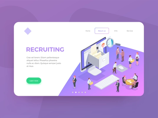 Recruitment isometric web landing page design background with conceptual images editable text clickable links and buttons vector illustration