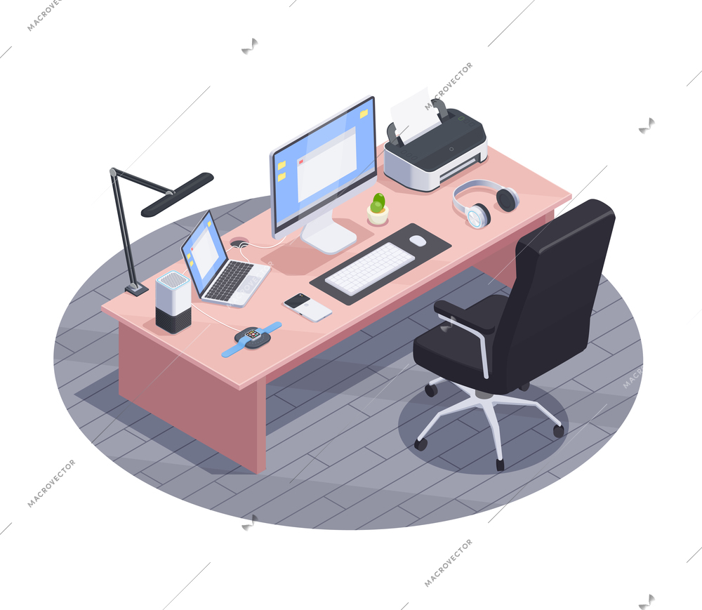 Modern devices isometric composition with view of modern workspace with big table and consumer electronics computers vector illustration