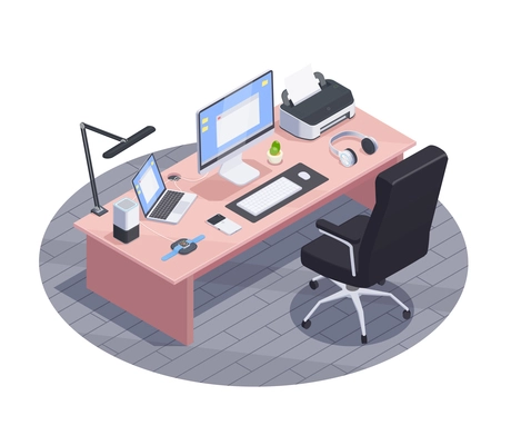 Modern devices isometric composition with view of modern workspace with big table and consumer electronics computers vector illustration