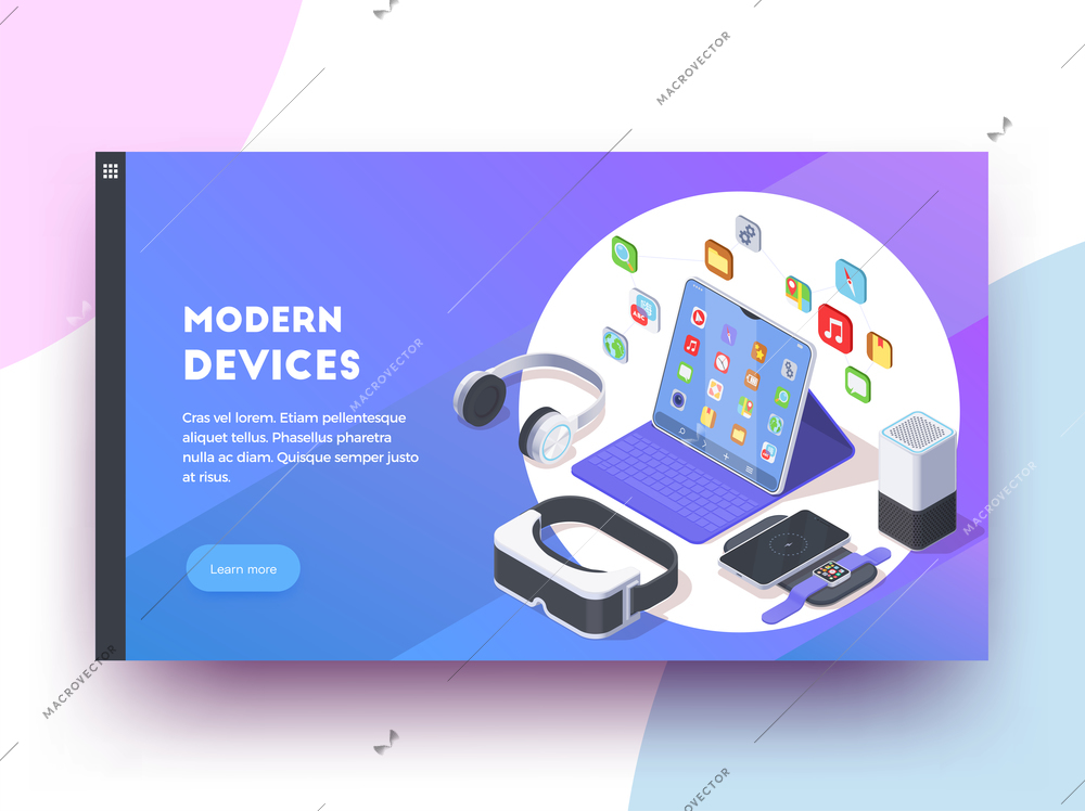 Modern devices isoometric web page design background with clickable learn more button text and colourful images vector illustration