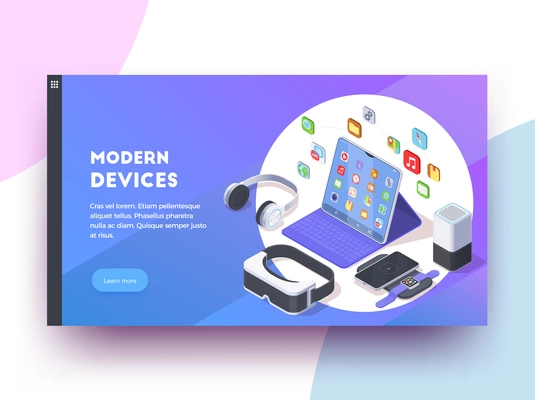 Modern devices isoometric web page design background with clickable learn more button text and colourful images vector illustration