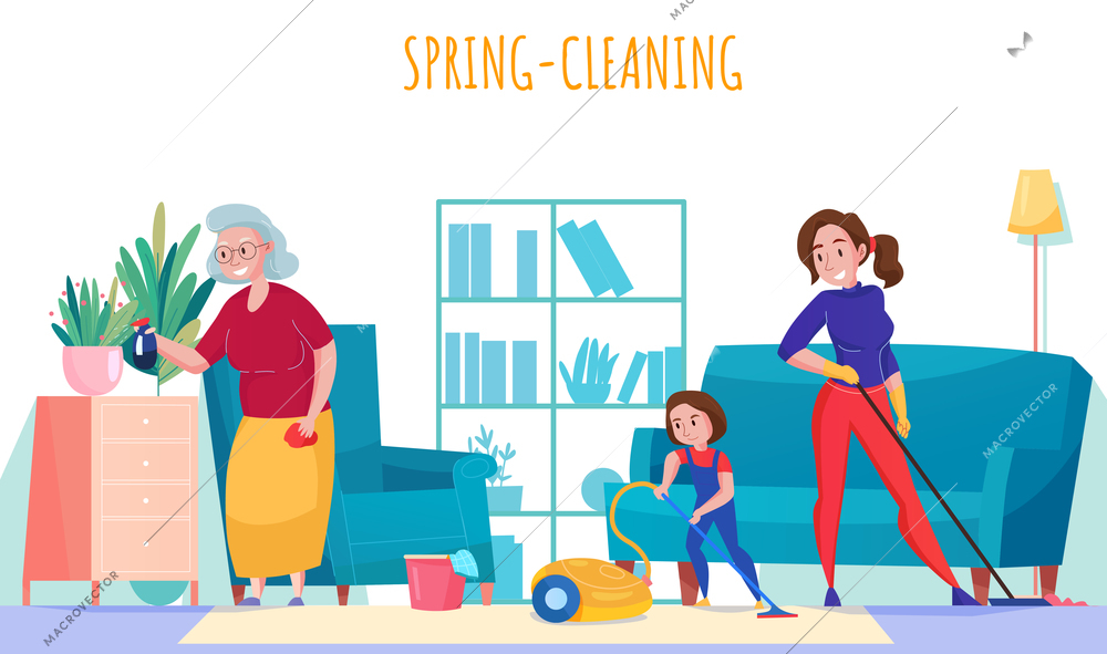 Family household chores flat composition with grandma mother little daughter vacuuming spring cleaning living room vector illustration