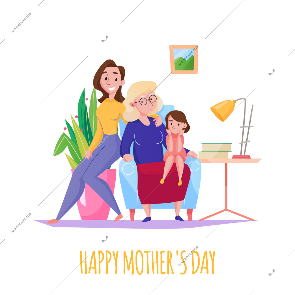 Mothers day home family celebration flat composition with 3 generations women grandma mother little daughter vector illustration