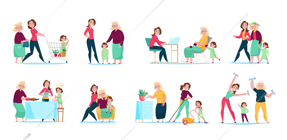 Three generations women family daily routine 8 flat compositions horizontal sets with shopping cleaning cooking vector illustration