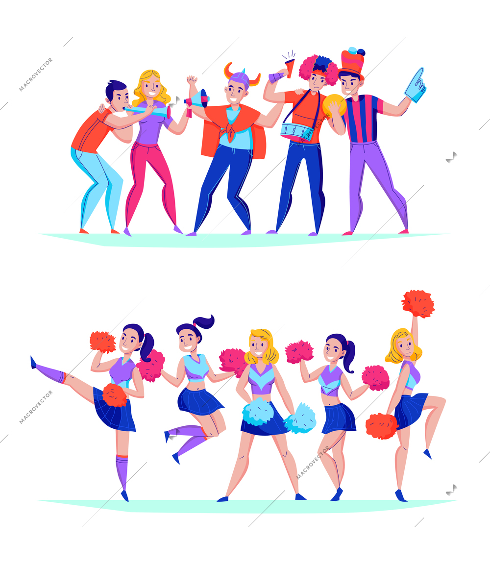 Fans cheering team 2 flat horizontal compositions with blowing horns supporters and joyful jumping girls vector illustration