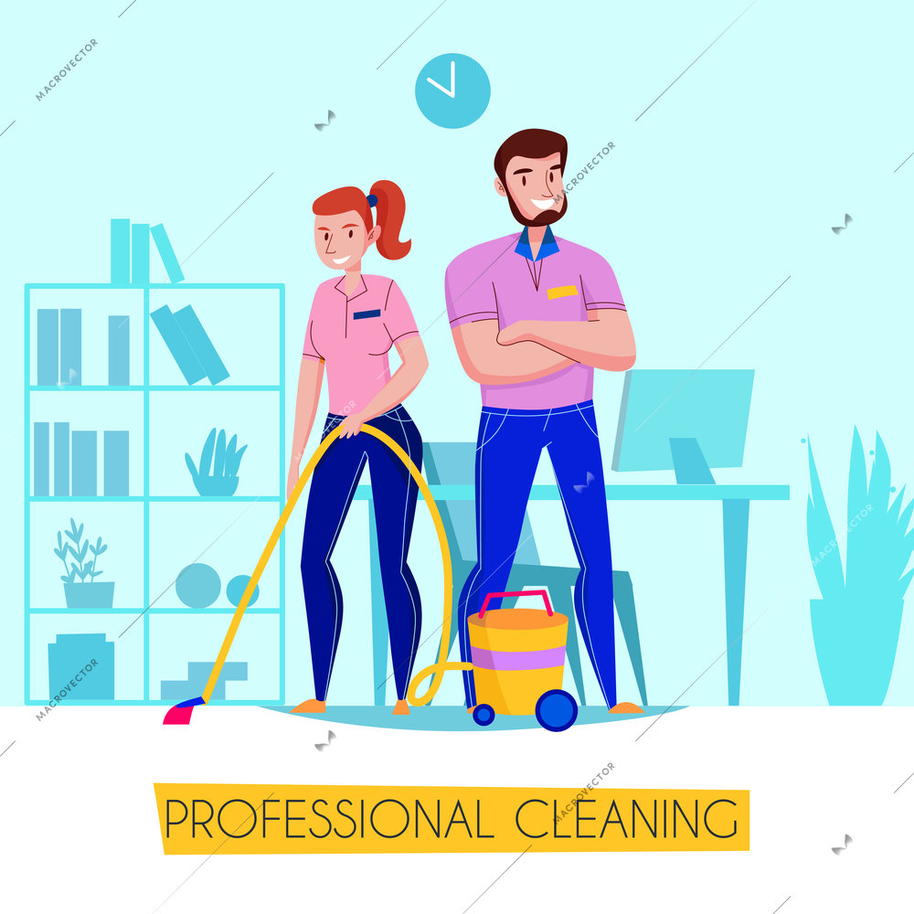 Professional cleaning service flat advertising poster with team in uniform vacuuming floor in living room vector illustration