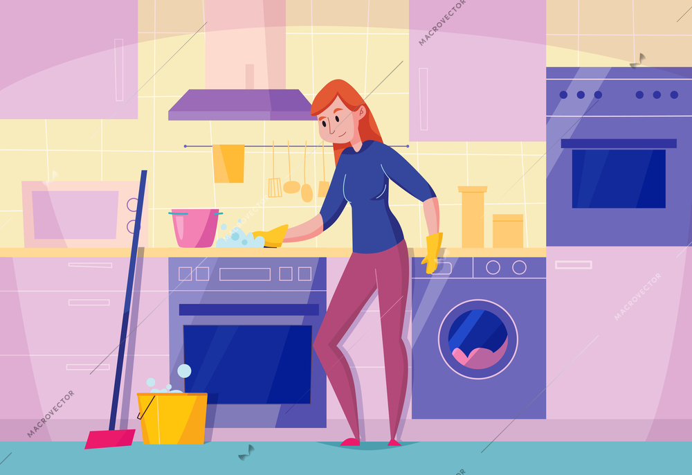 Kitchen maintenance service flat composition with woman cleaning stove top with sponge stylish dishwasher oven vector illustration