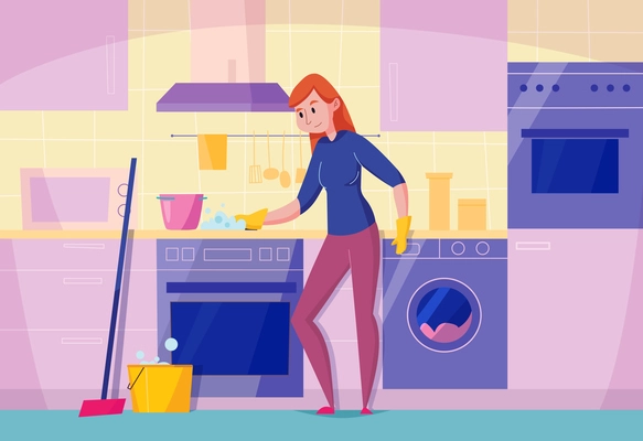 Kitchen maintenance service flat composition with woman cleaning stove top with sponge stylish dishwasher oven vector illustration