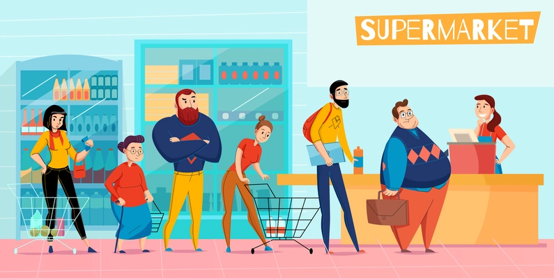 People standing in long supermarket queue lining up waiting checkout customer service horizontal flat composition vector illustration