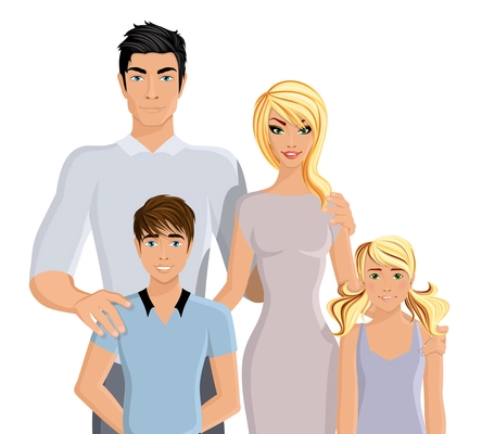 Happy family man woman parents and girl and boy kids half-length portrait vector illustration.