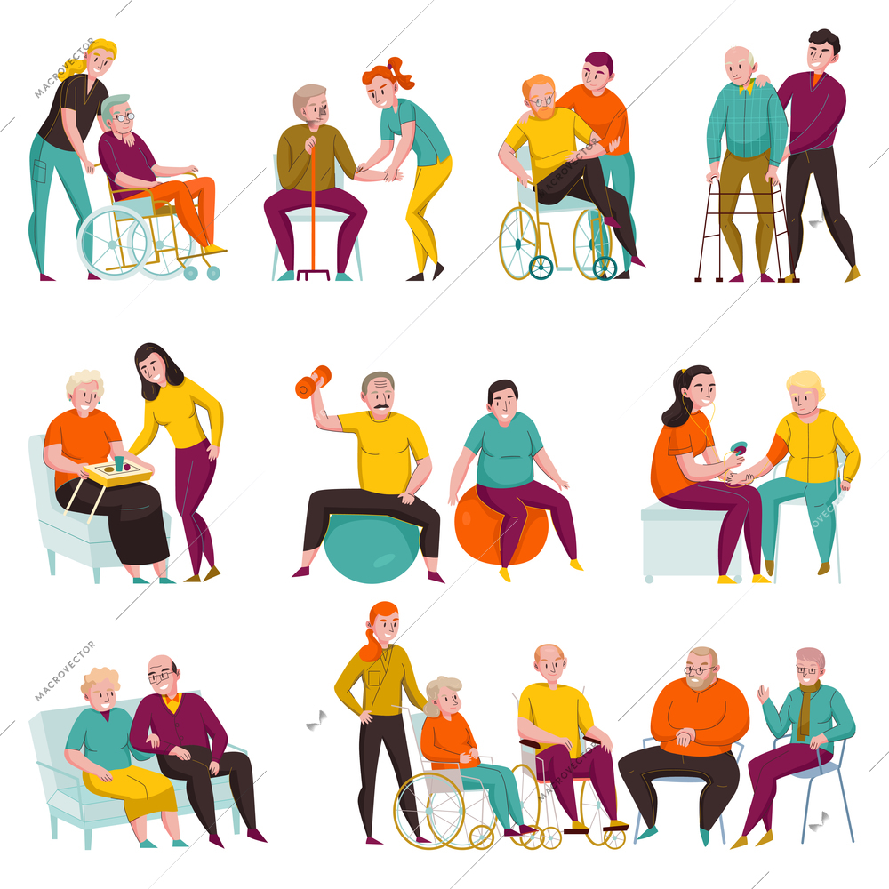 Volunteers helping elderly and disabled people in nursing homes and private apartments flat icons set vector illustration