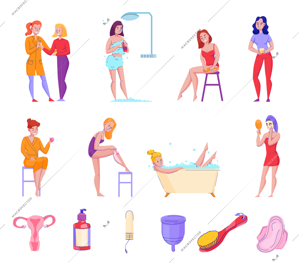 Feminine hygiene personal care products tips flat icons collection with shower fresh towels soap tampons vector illustration