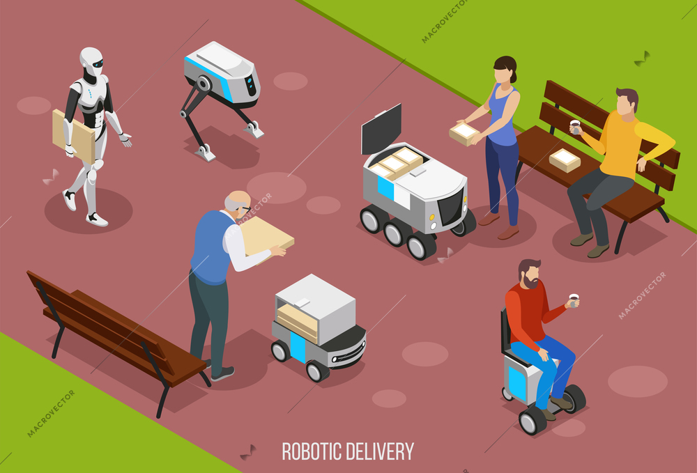 Robotic delivery isometric composition with people receiving your order using autonomous vehicles vector illustration