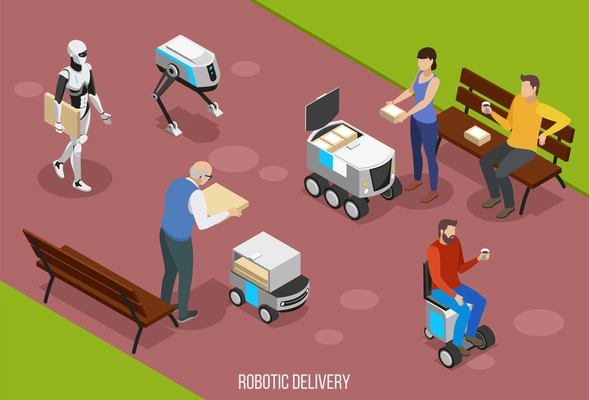 Robotic delivery isometric composition with people receiving your order using autonomous vehicles vector illustration