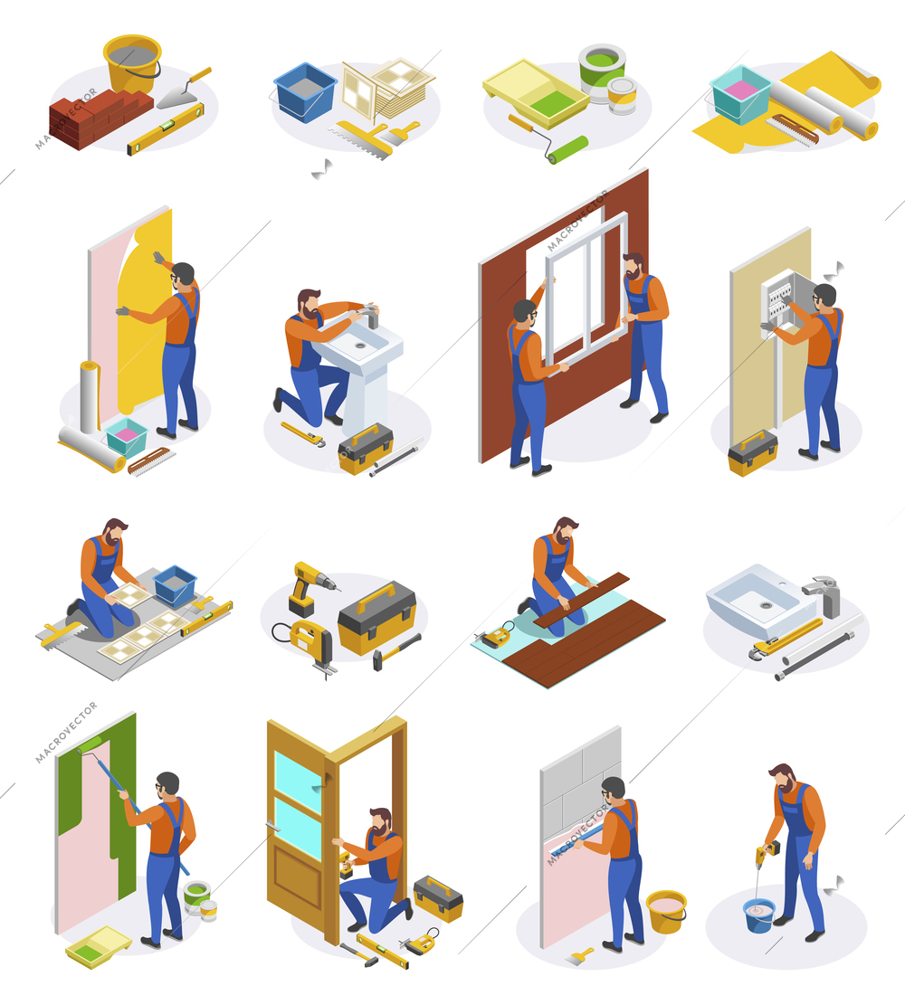 Home repair isometric icons set of tools and craftspeople performing  laying tiles pasting wallpapers doors and window installation isolated vector illustration