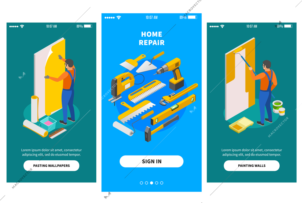 Home repair isometric banners for mobile app design offering firms engaged in repair works vector illustration