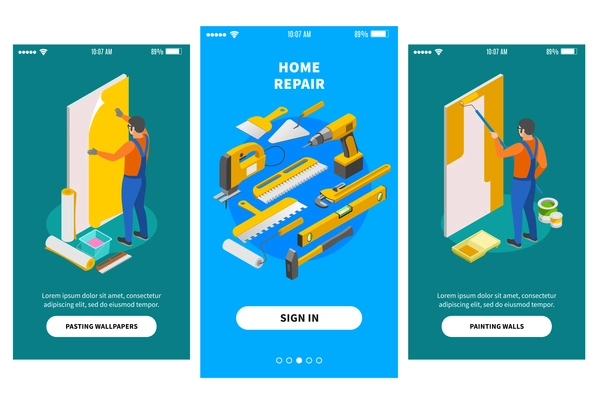 Home repair isometric banners for mobile app design offering firms engaged in repair works vector illustration