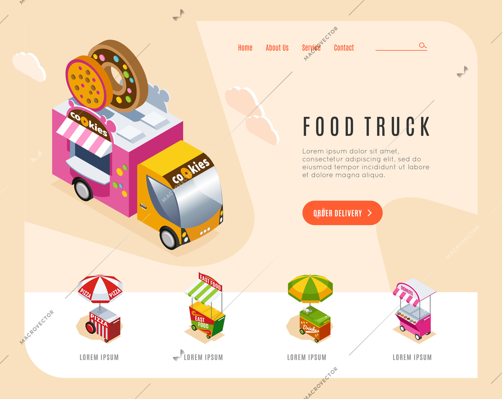 Food truck advertising landing page with isometric images of street van and carts vending bakery vector illustration