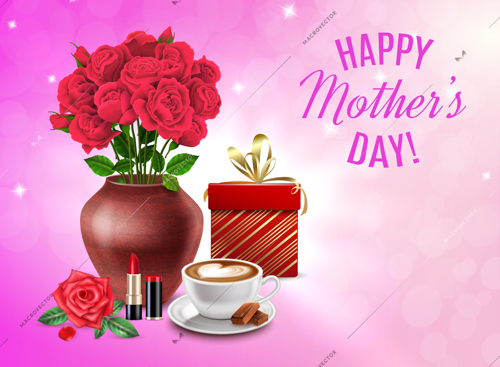 Mothers Day composition with gift cosmetics bouquet of flowers and happy mothers day headline vector illustration