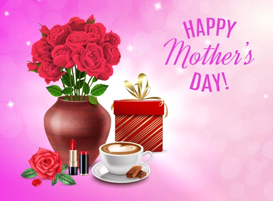 Mothers Day composition with gift cosmetics bouquet of flowers and happy mothers day headline vector illustration