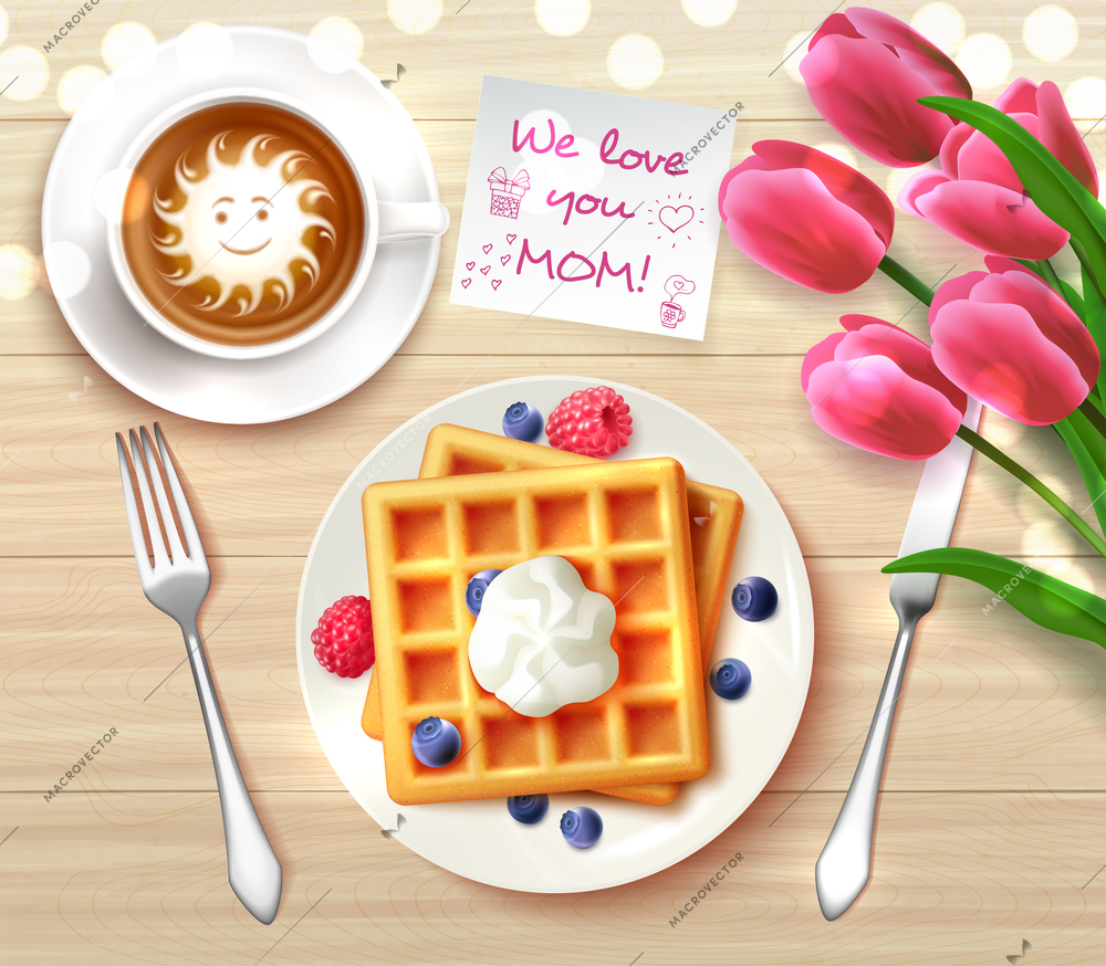 Mothers Day flatlay composition with sticker we love you mom and waffles coffee flowers for gift vector illustration