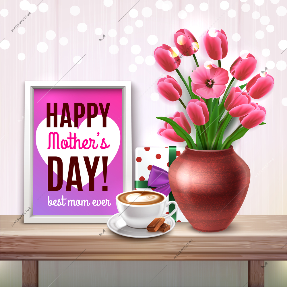 Mothers Day colored composition with bouquet of tulips gift cup of coffee and best mom ever compliments vector illustration