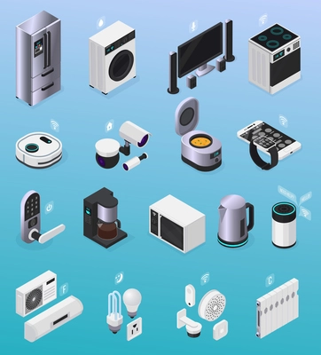 IOT smart home remote controlled electronic devices isometric icons collection with refrigerator tv stove coffeemaker vector illustration