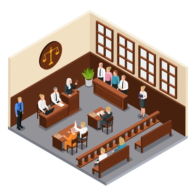 Law justice court trial isometric composition with courtroom interior defendant lawyer judge officer jury witnesses vector illustration