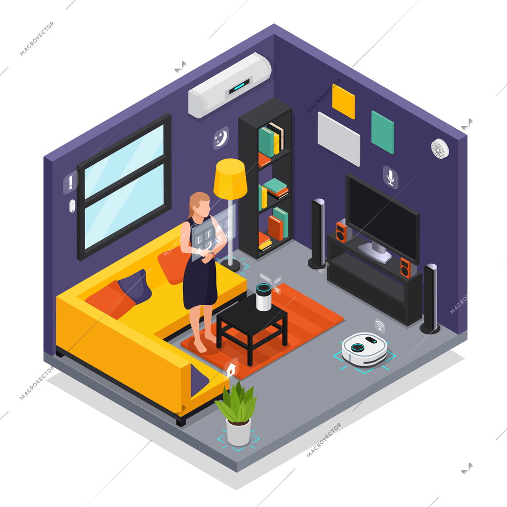 Smarthome living room iot interior with wearable gadgets smartwatch controlling robotic vacuum cleaner isometric composition vector illustration