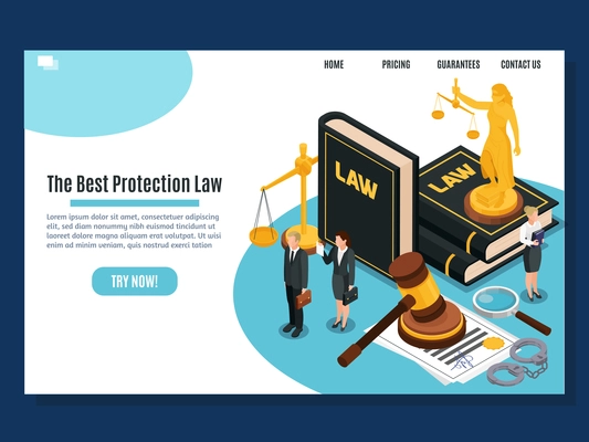 Law protection judicial and justice court systems public services home page isometric composition website design vector illustration