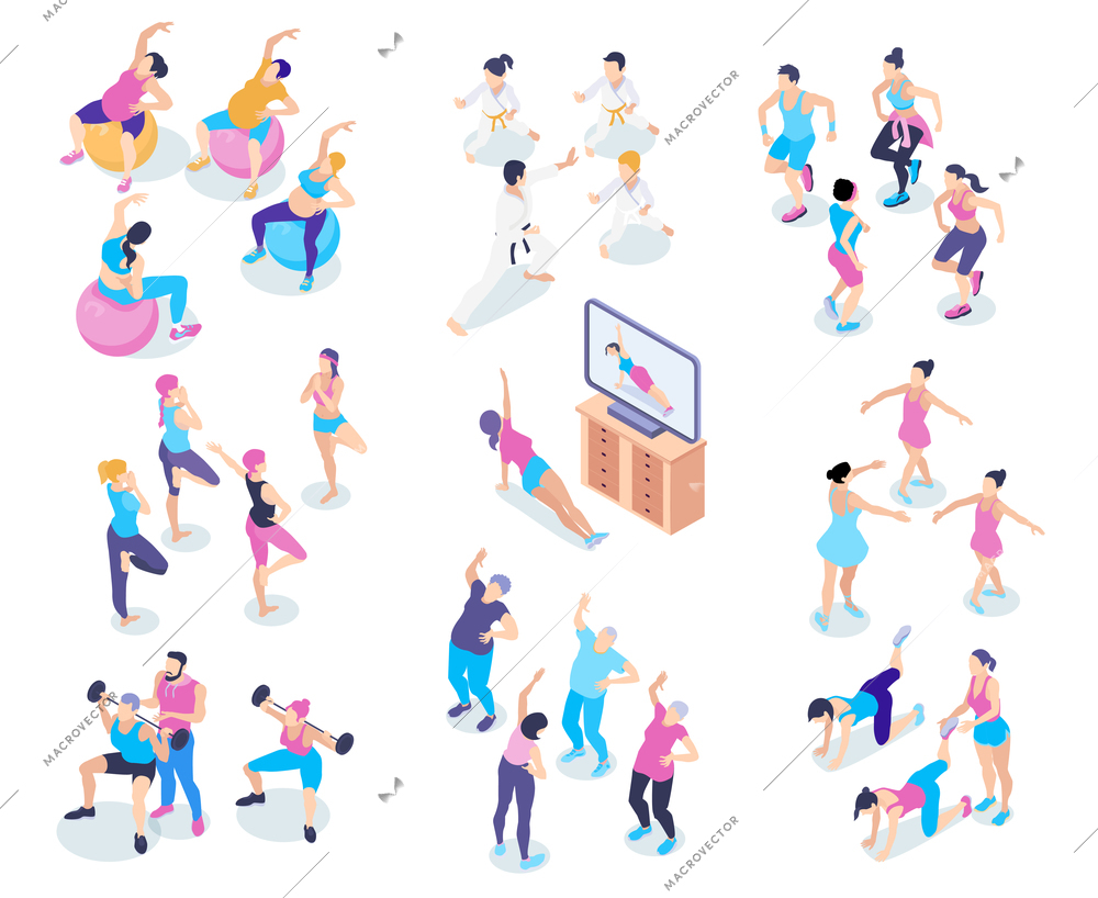 Isometric icons set with male and female people doing sports in gym and at home isolated on white background 3d  vector illustration