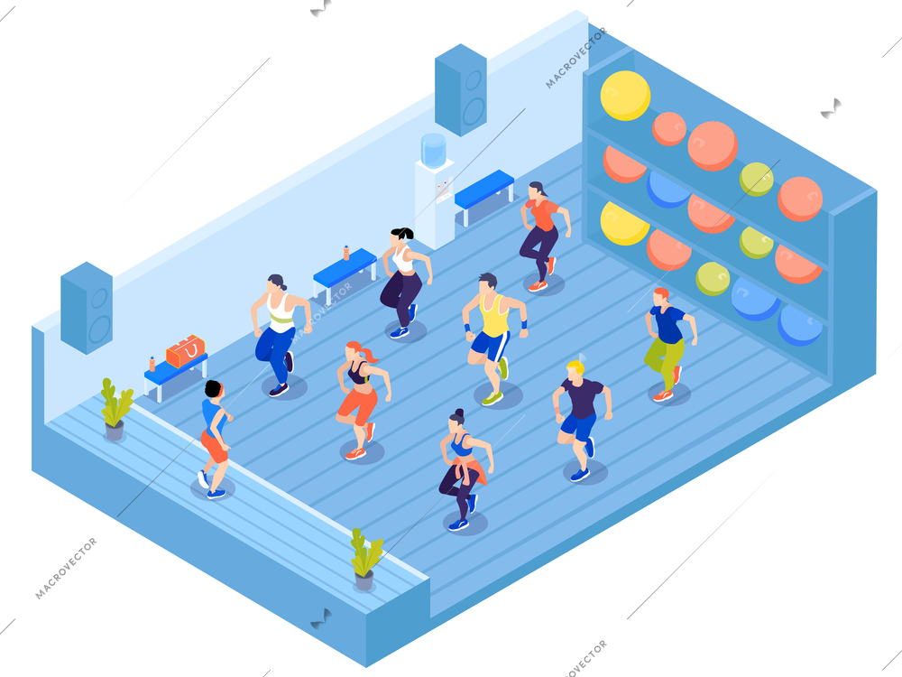 Group of people doing aerobics in gym with colorful fit balls on shelves 3d isometric vector illustration